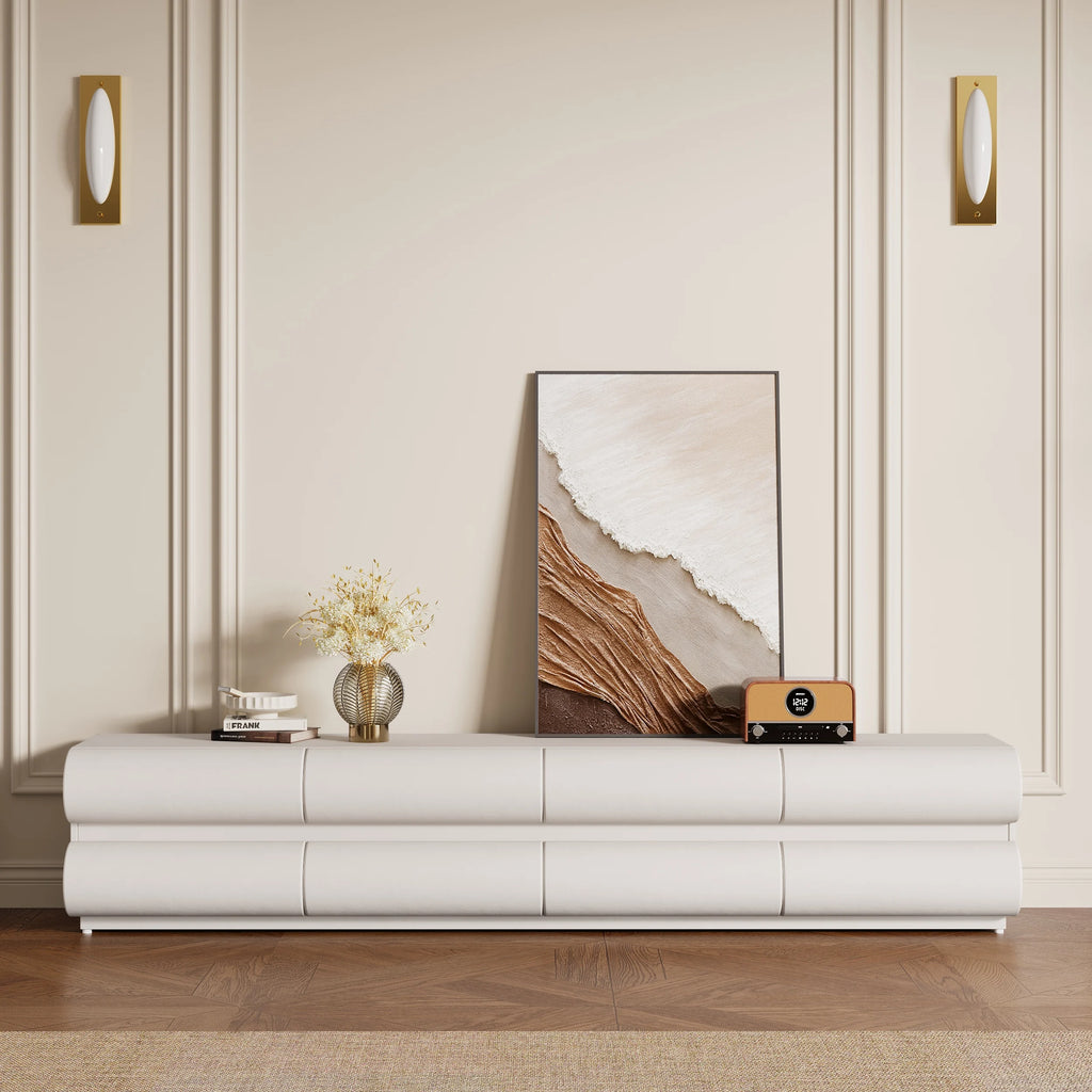 Meuble TV Humply en cuir blanc chaud moderne de 2000 mm avec console multimédia à 8 tiroirs