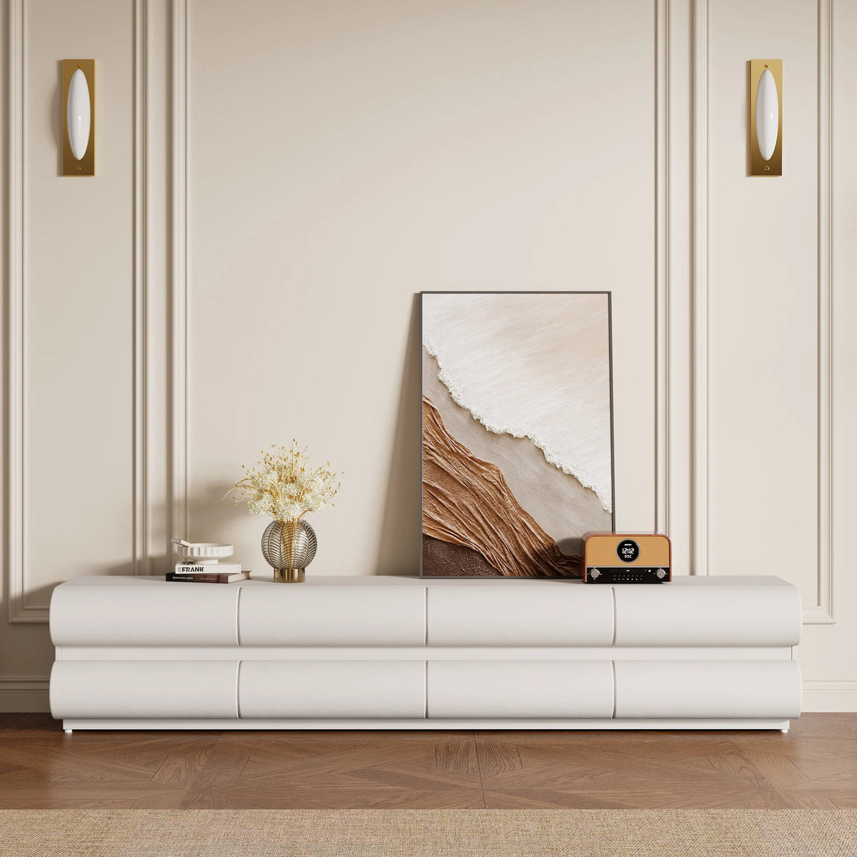 Meuble TV Humply en cuir blanc chaud moderne de 2000 mm avec console multimédia à 8 tiroirs