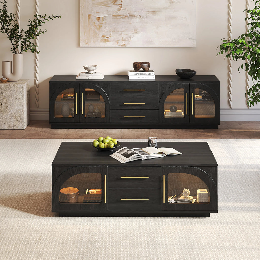 Ensemble meuble TV et table basse Arune avec portes cintrées en verre rangement et éclairage LED Noir