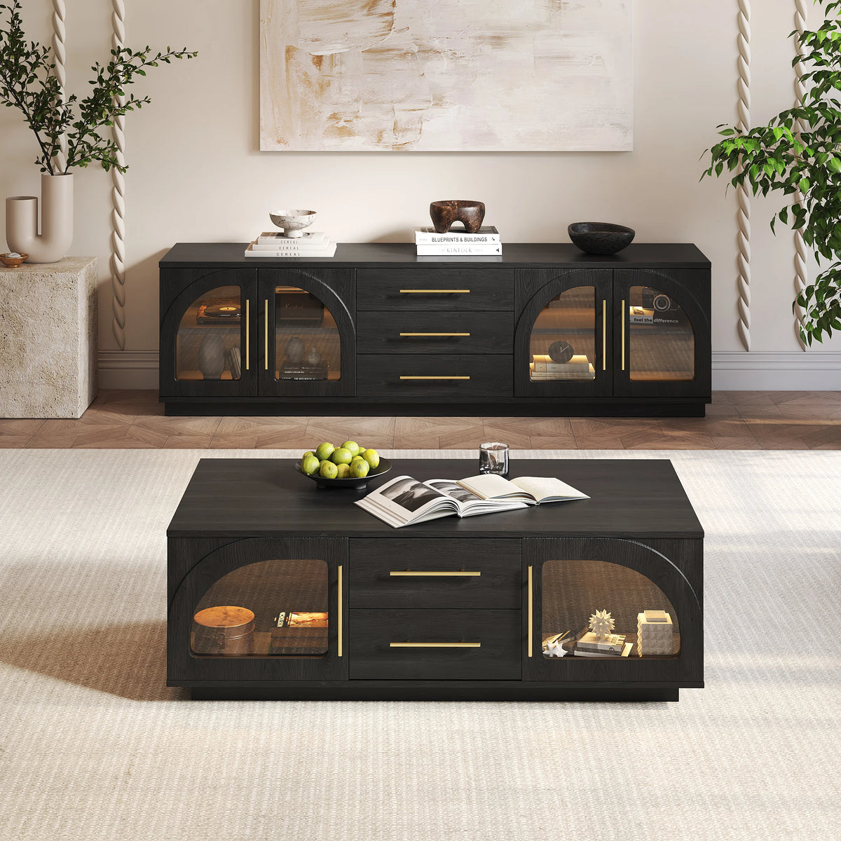 Ensemble meuble TV et table basse Arune avec portes cintrées en verre rangement et éclairage LED Noir