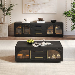 Ensemble meuble TV et table basse Arune avec portes cintrées en verre rangement et éclairage LED Noir