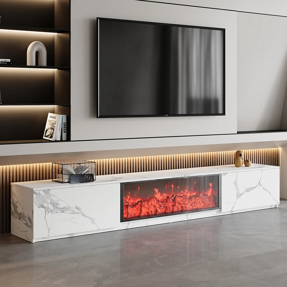 Meuble TV 180 cm finition placage marbre avec effet flammes LED et 2 tiroirs Blanc
