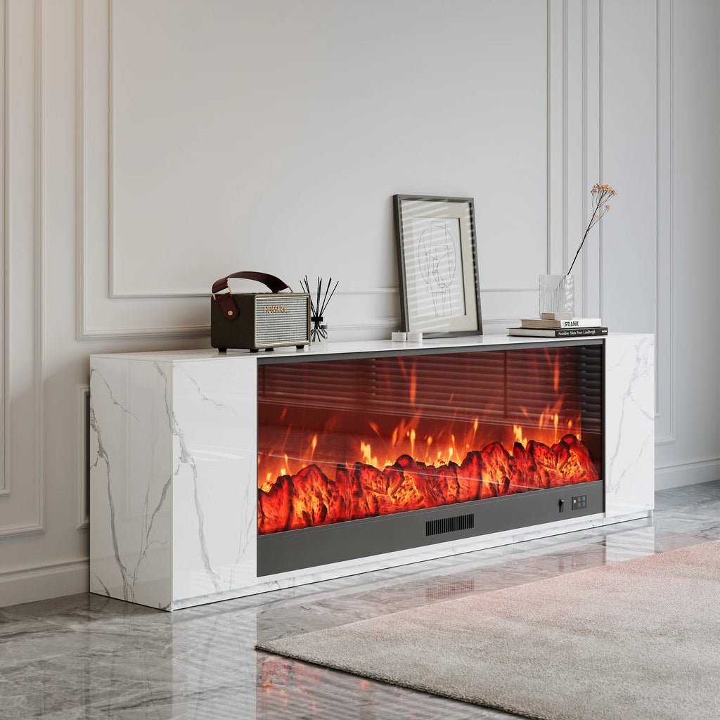 Meuble TV avec cheminée électrique 200 cm en pierre frittée avec télécommande Blanc