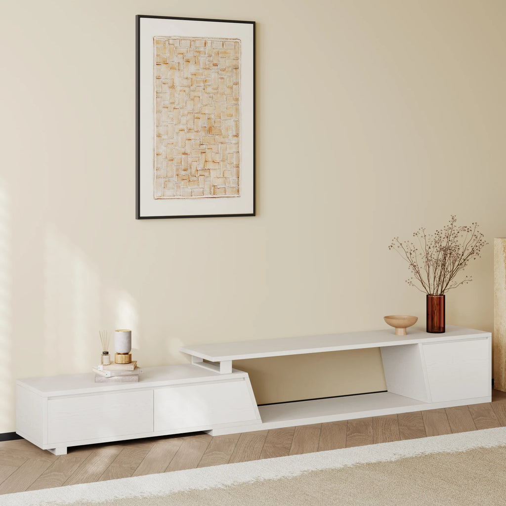 Meuble TV extensible Fero 180 à 280 cm avec 3 tiroirs Blanc