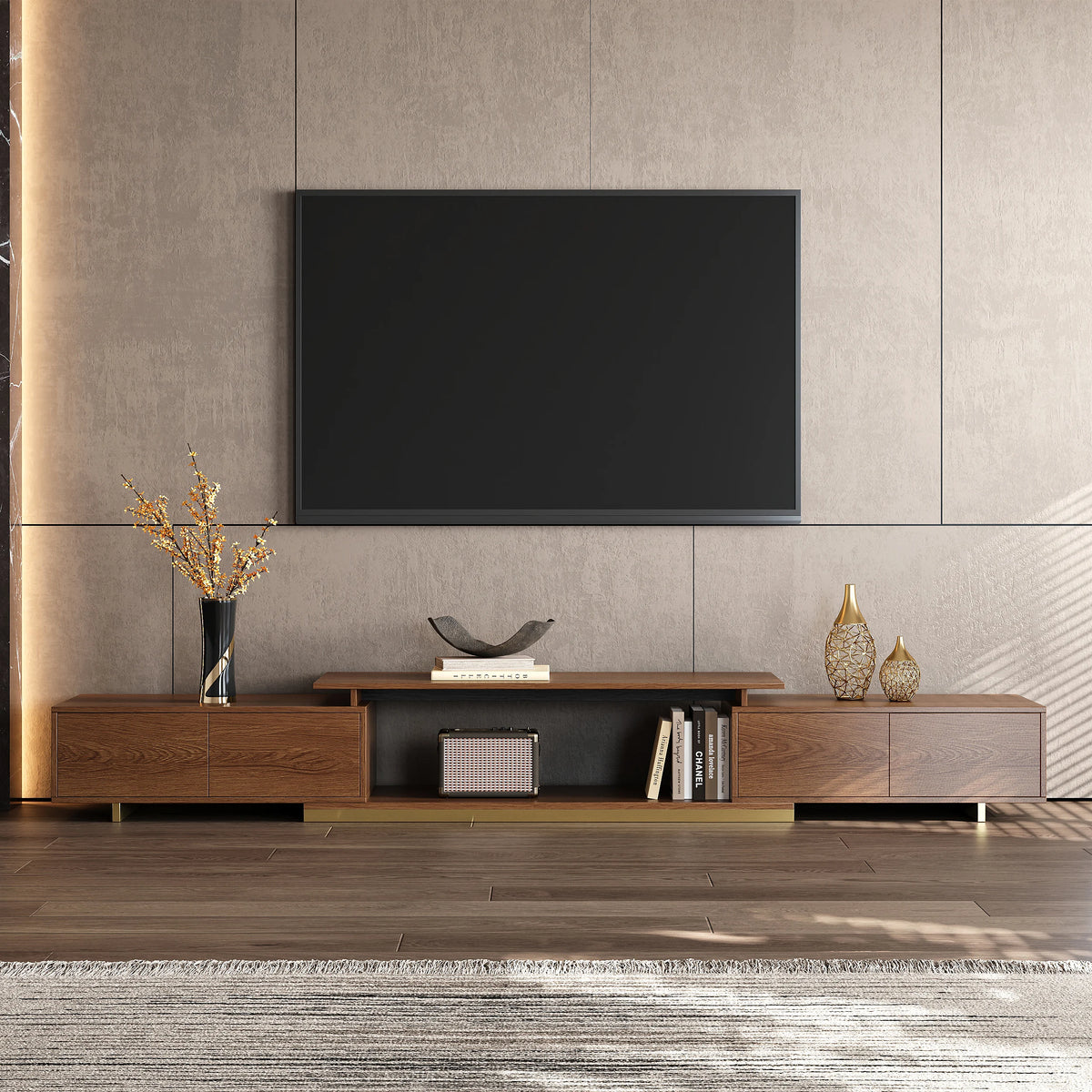 Meuble TV extensible Mordel 160 à 240 cm noyer avec rangement