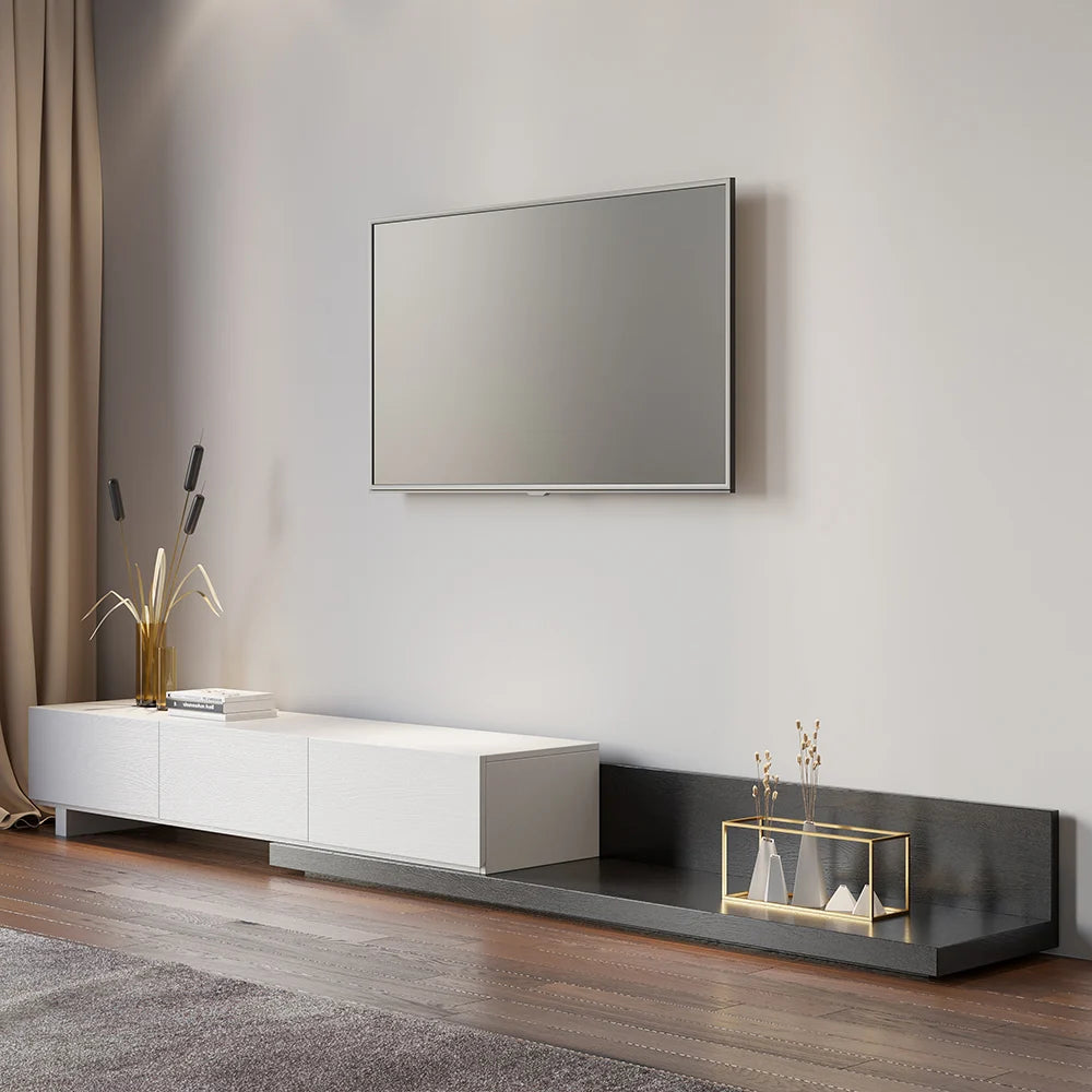 Meuble TV Crator noir et blanc de 210 à 280 cm en bois de frêne, extensible, avec 3 tiroirs