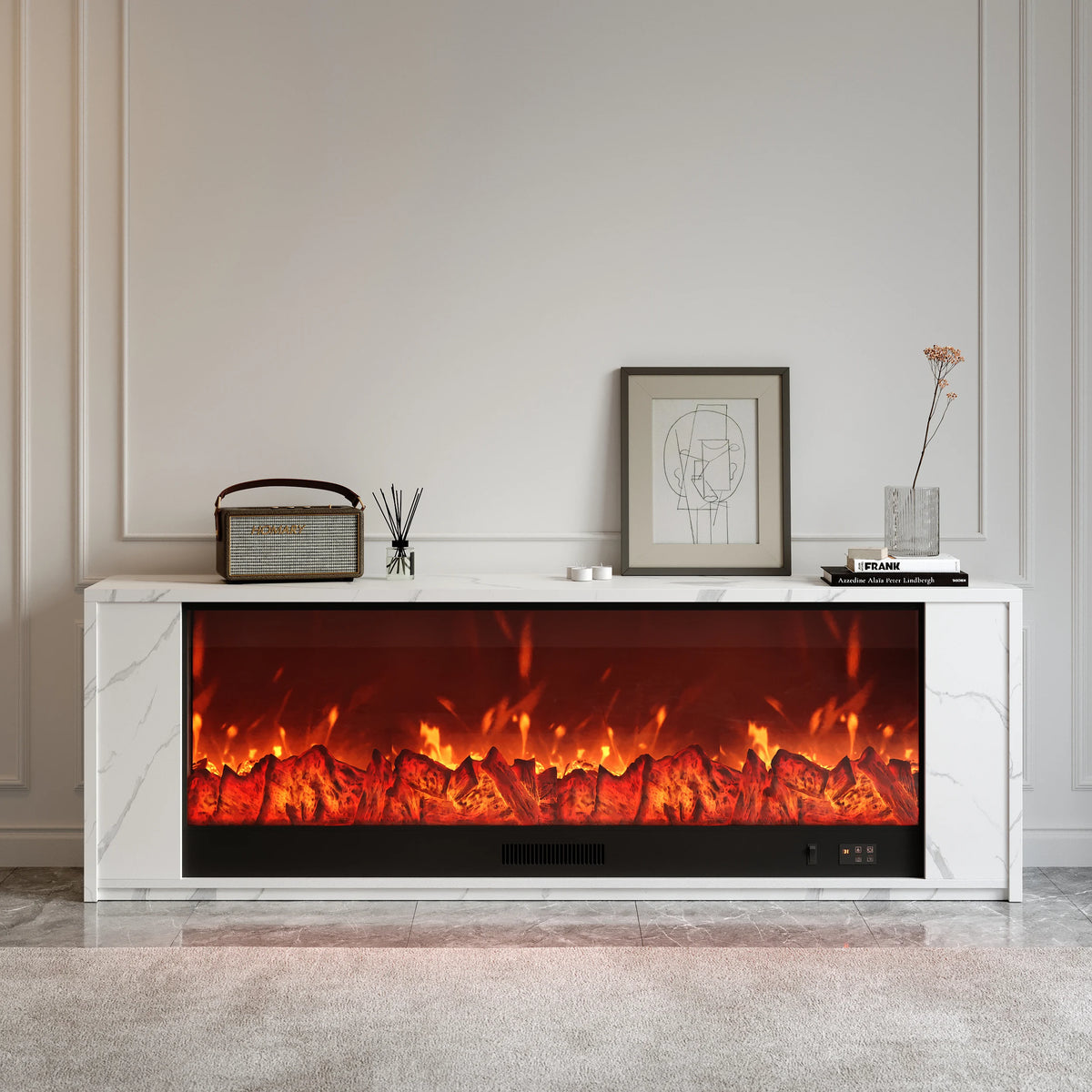 Meuble TV avec cheminée électrique 180 cm en placage marbre avec télécommande Blanc