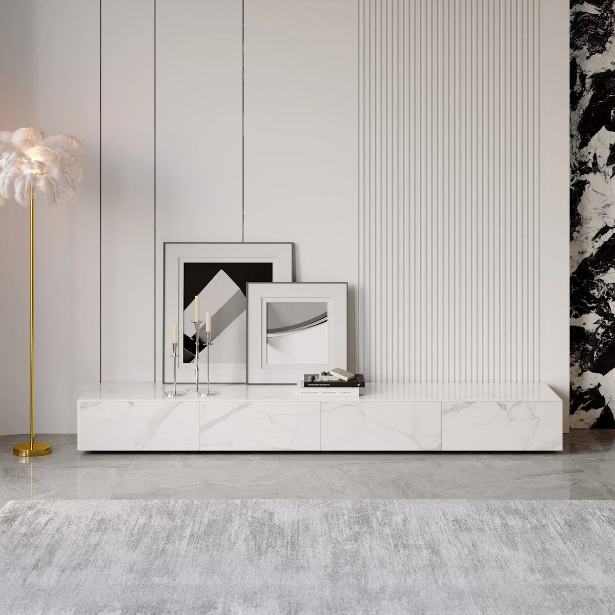 Meuble TV moderne en pierre frittée 200 cm avec 4 tiroirs Blanc brillant