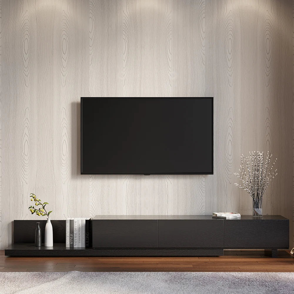 Meuble TV Crator noir 210 à 280 cm en bois de frêne, extensible, avec 3 tiroirs
