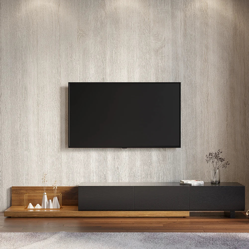 Meuble TV Crator noyer et noir de 210 cm à 280 cm en bois de frêne, extensible, avec 3 tiroirs