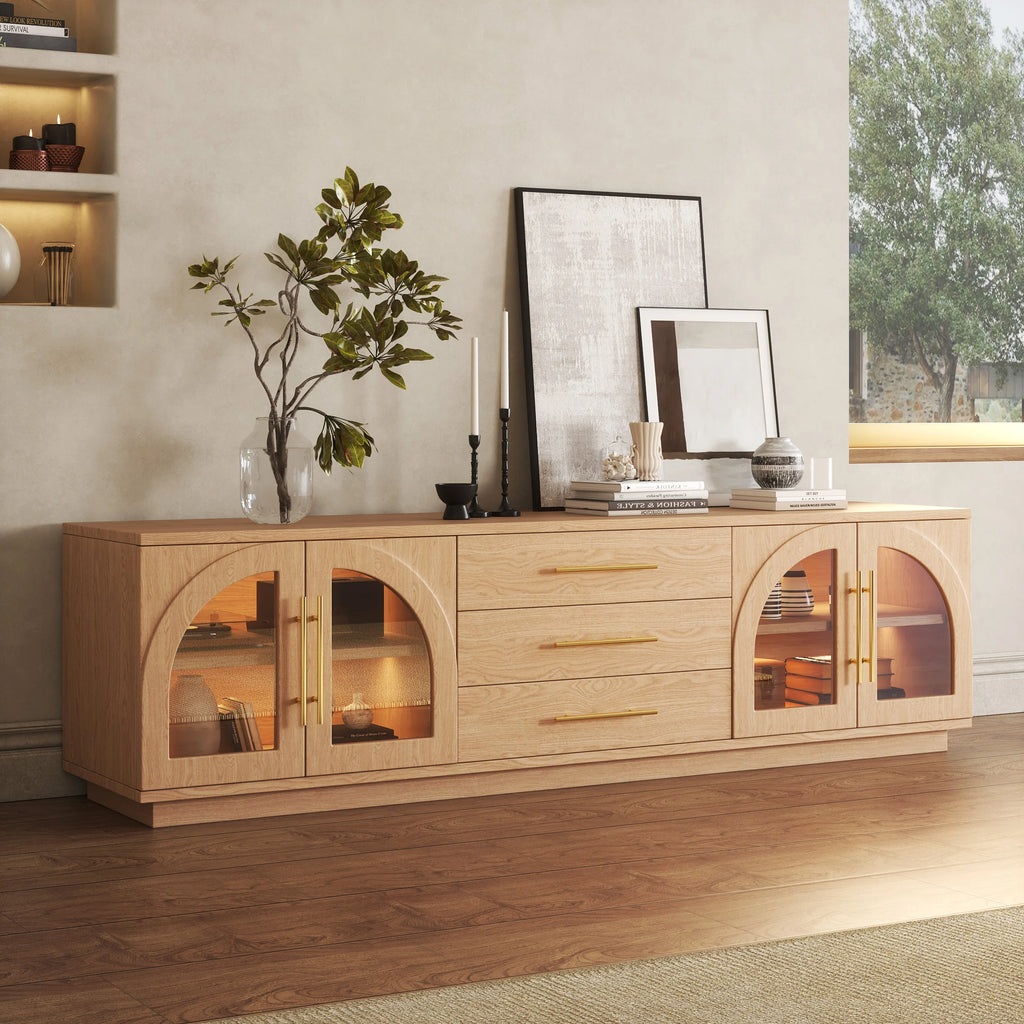 Meuble TV Arune 183 cm avec portes vitrées arquées, naturel, avec rangement et LED