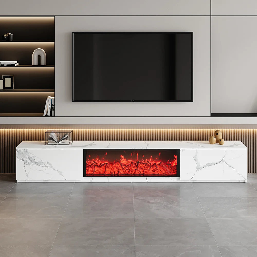 Meuble TV 180 cm finition placage marbre avec effet flammes LED et 2 tiroirs Blanc