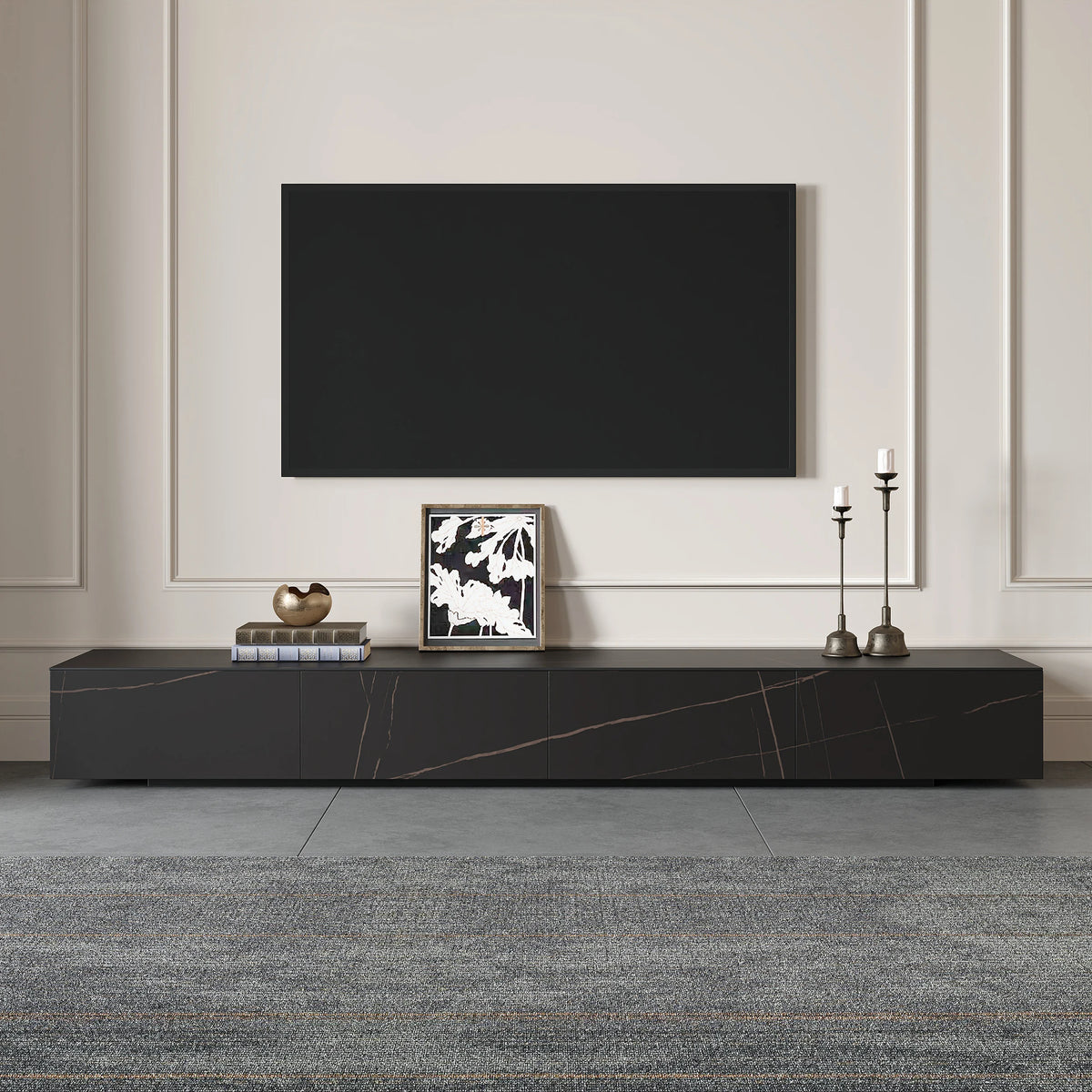 Meuble TV moderne en pierre frittée 200 cm avec 4 tiroirs Noir mat