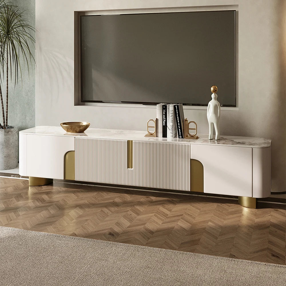 Meuble TV Artis 200 cm avec plateau en pierre, beige et or, 4 portes et rangement