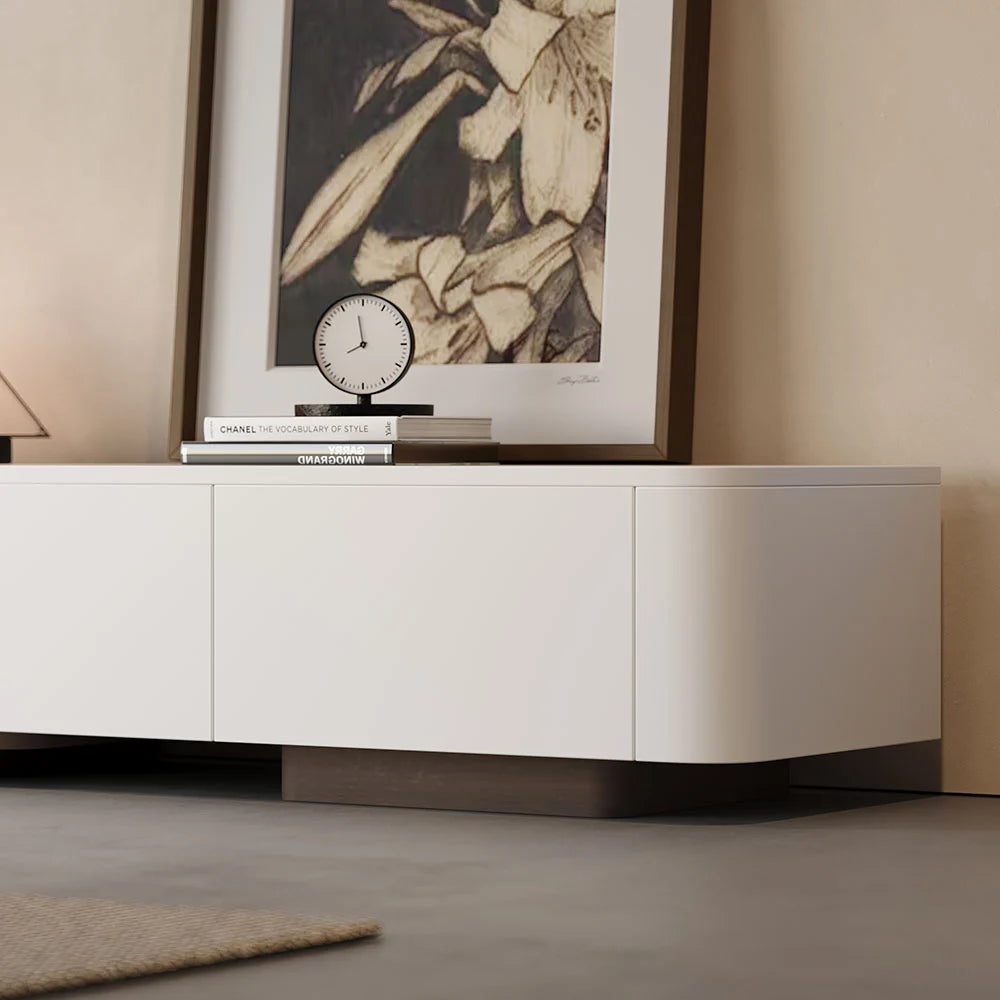 Meuble TV blanc cassé et noyer moderne 200 à 275 cm, extensible, avec 4 tiroirs
