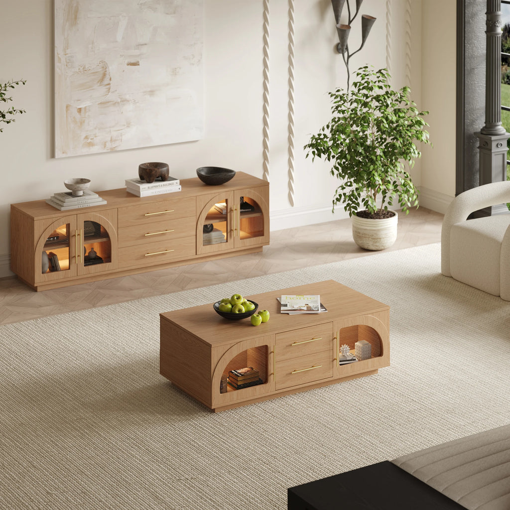 Ensemble meuble TV et table basse Arune avec portes cintrées en verre rangement et éclairage LED Bois naturel