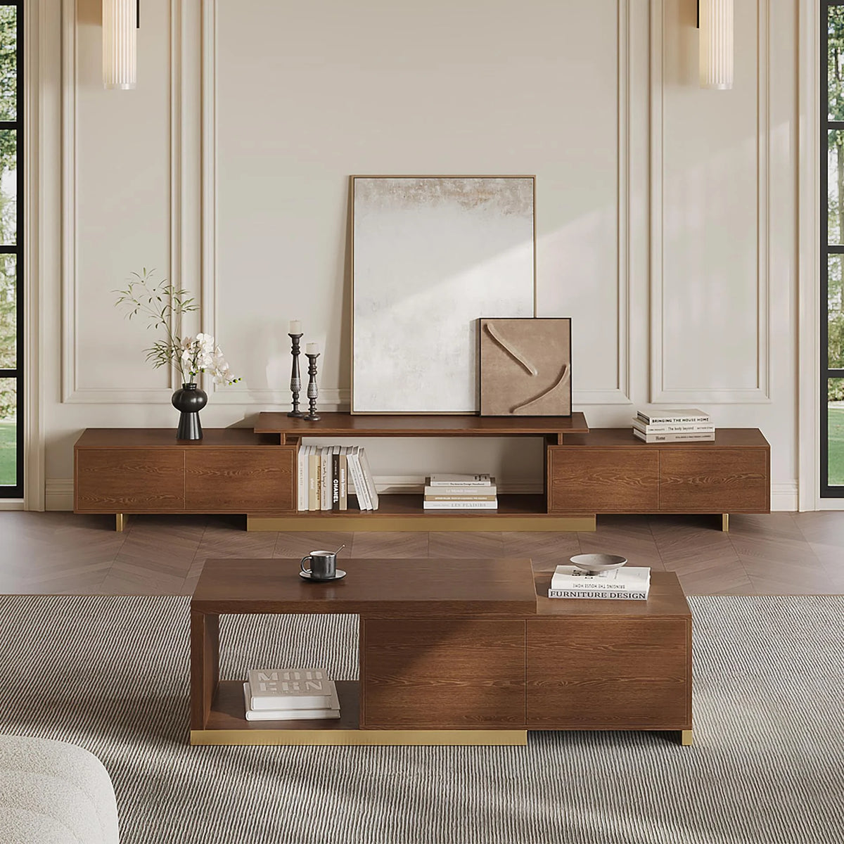 Ensemble meuble tv extensible et table basse Mordel en noyer brillant