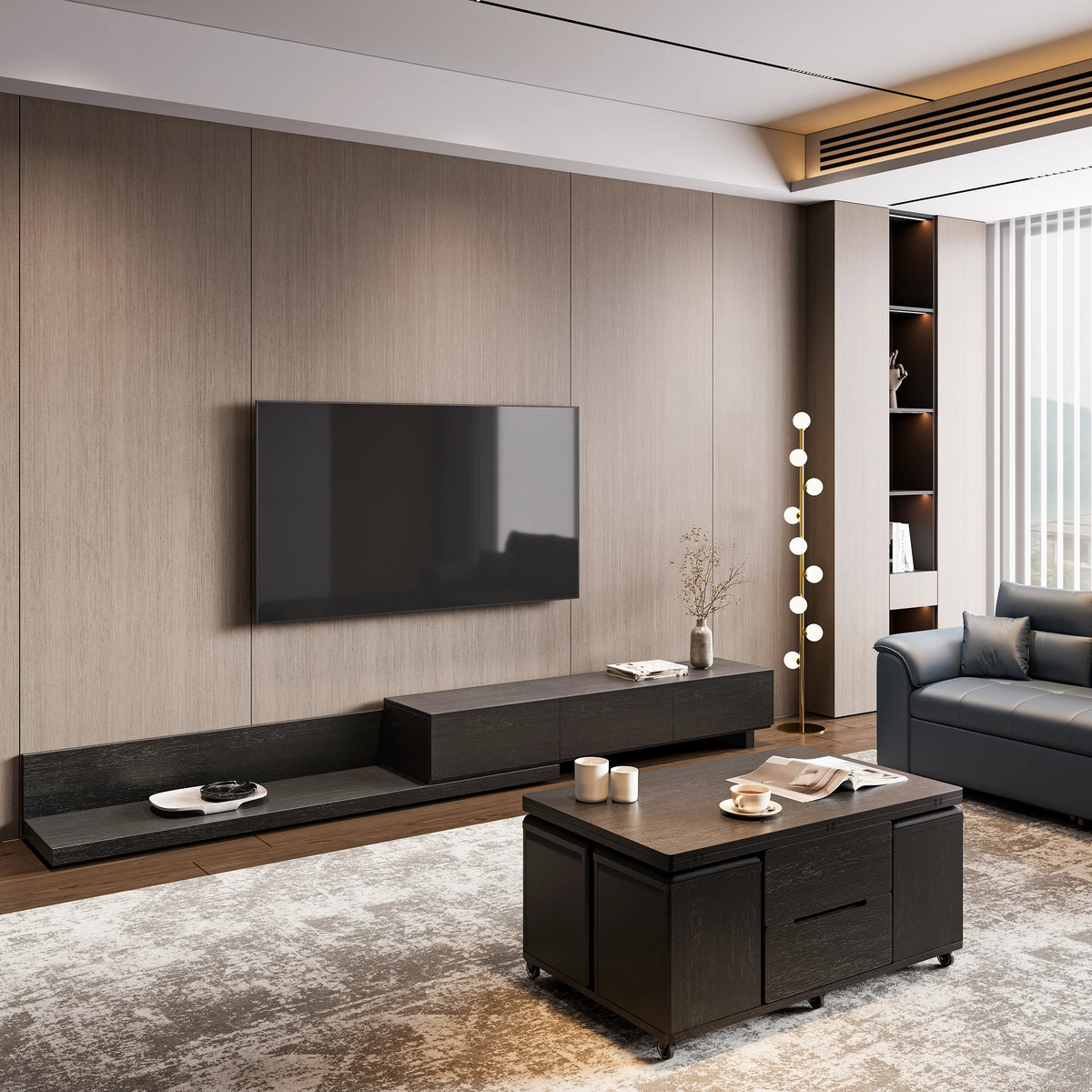 Meuble TV extensible rectangulaire en bois et ensemble de table basse noire à plateau relevable avec rangement