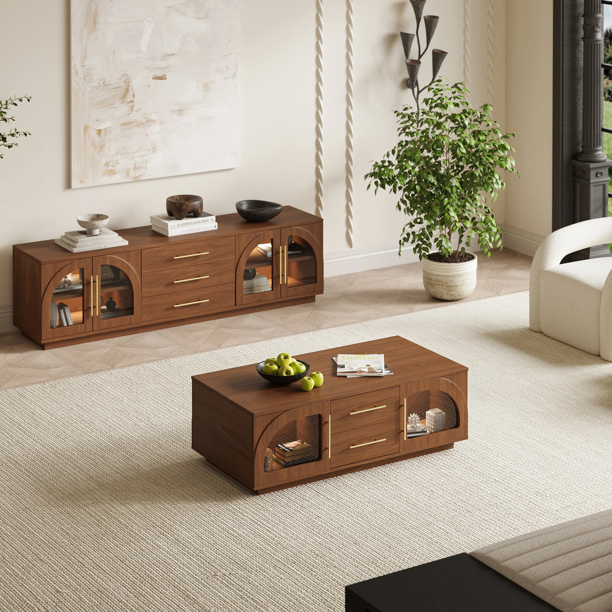 Ensemble meuble TV et table basse Arune avec portes cintrées en verre rangement et éclairage LED Noyer