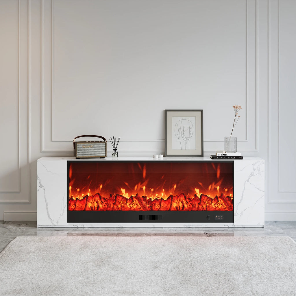 Meuble TV avec cheminée électrique 200 cm en pierre frittée avec télécommande Blanc