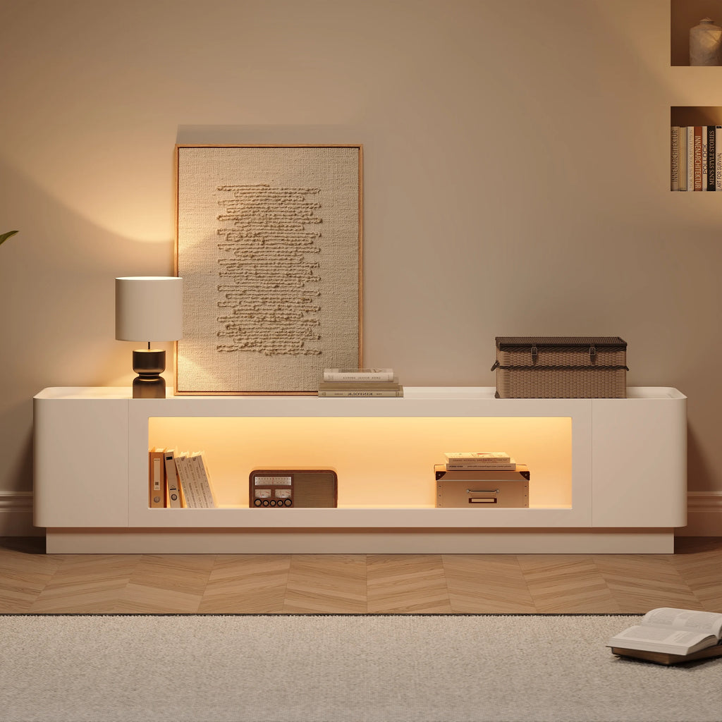 Meuble TV 201 cm avec portes en verre, blanc chaud, avec rangement et LED
