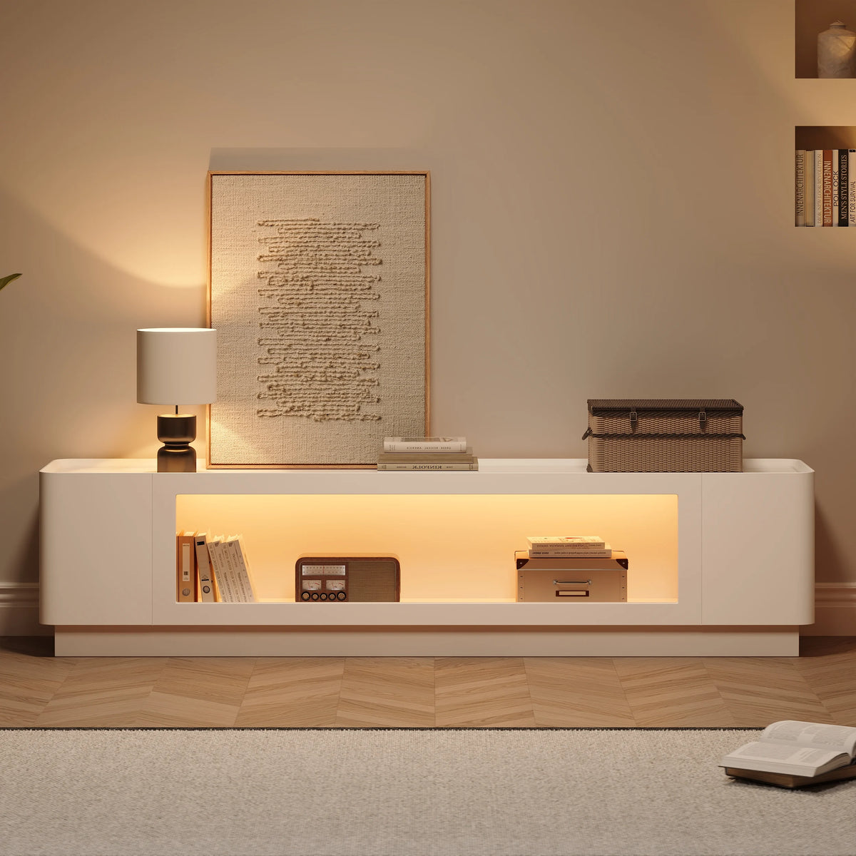 Meuble TV 201 cm avec portes en verre, blanc chaud, avec rangement et LED