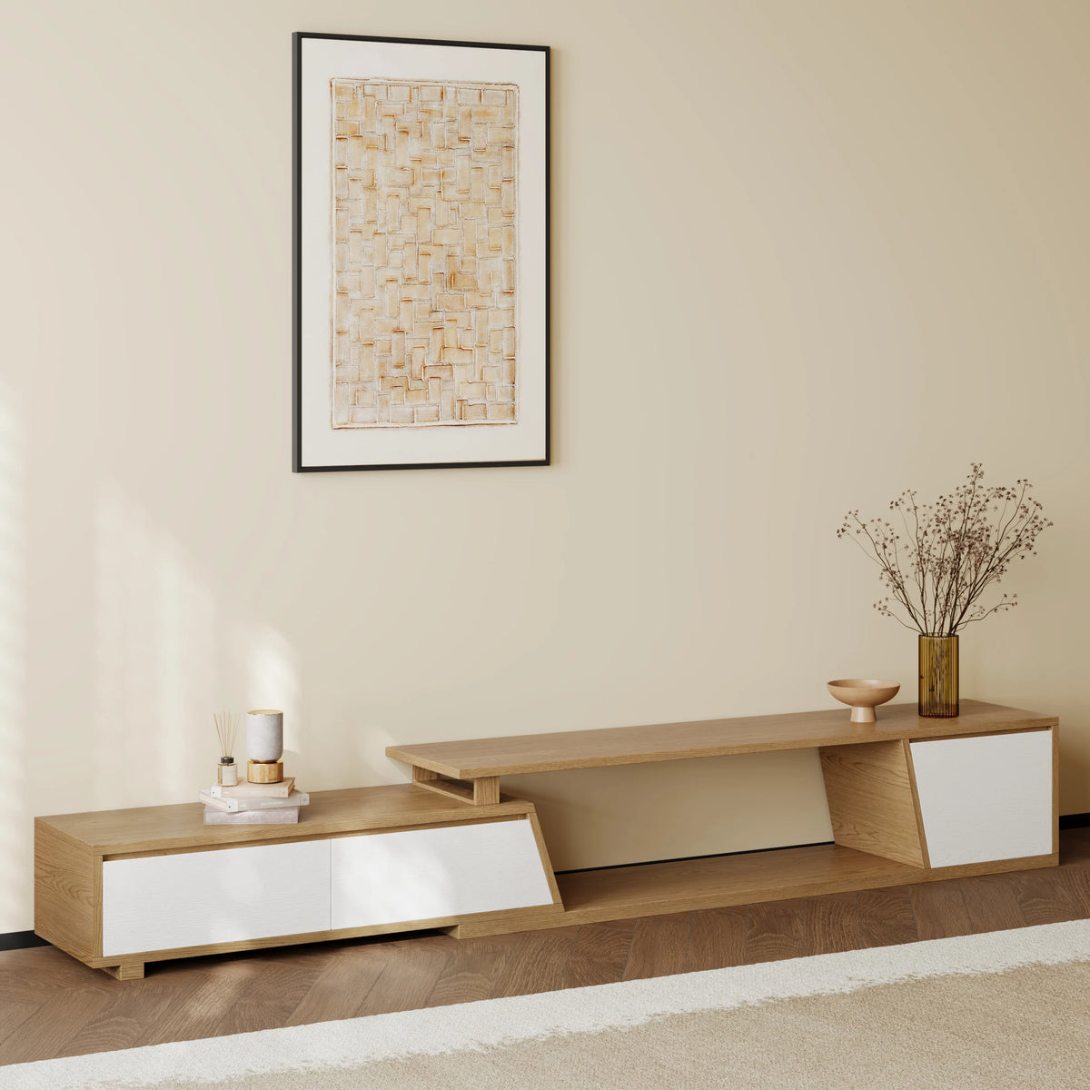 Meuble TV extensible Fero 180-280 cm avec 3 tiroirs Blanc & noyer