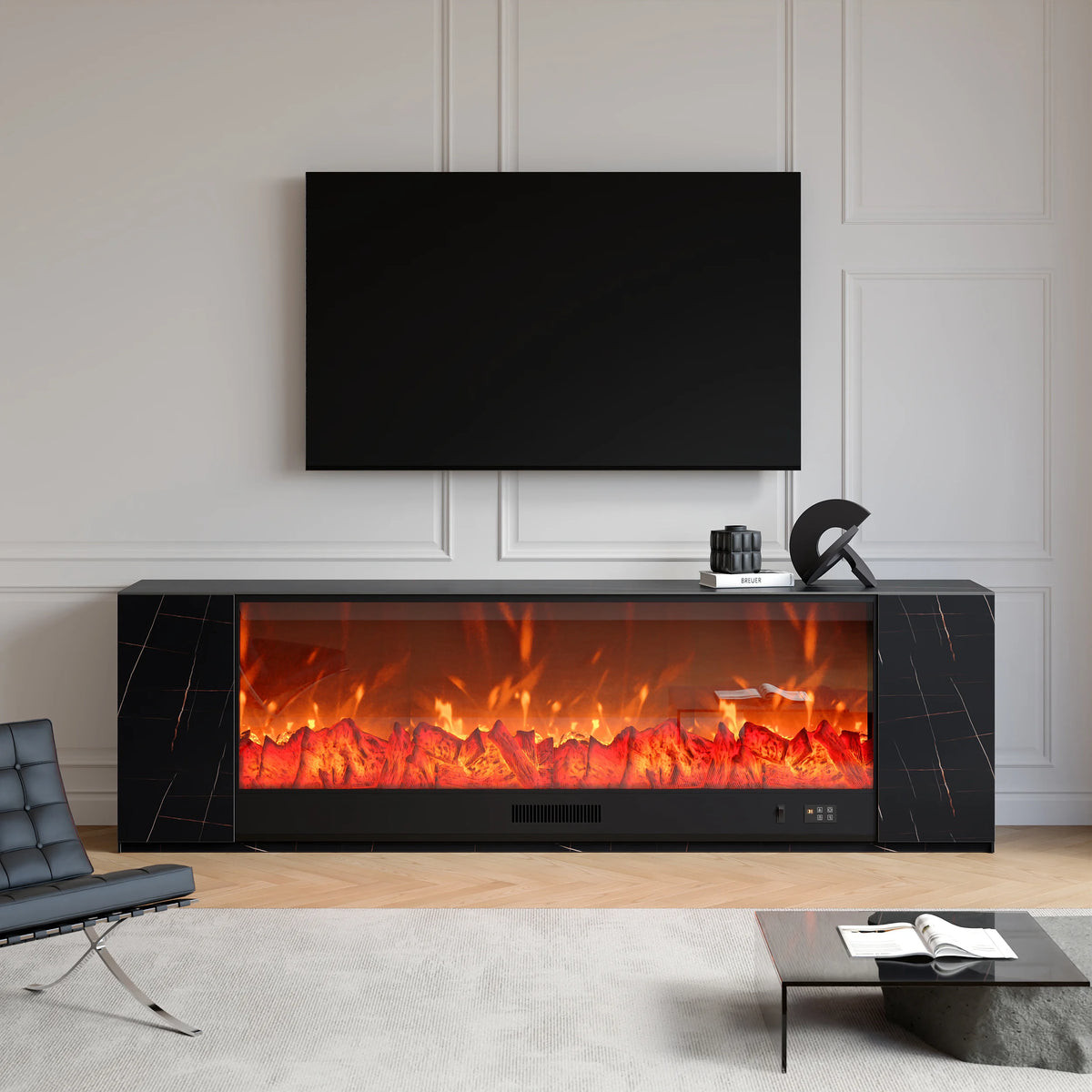 Meuble TV avec cheminée électrique 200 cm en pierre frittée avec télécommande Noir mat