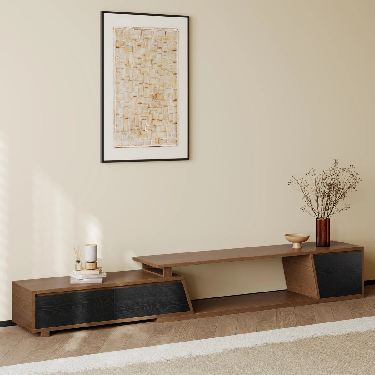 Meuble TV extensible Fero 180 à 280 cm avec 3 tiroirs Noir & noyer