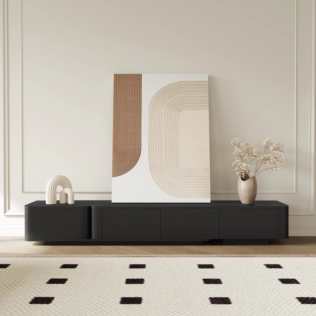 Meuble TV noir moderne 200 à 275 cm, extensible, avec 4 tiroirs