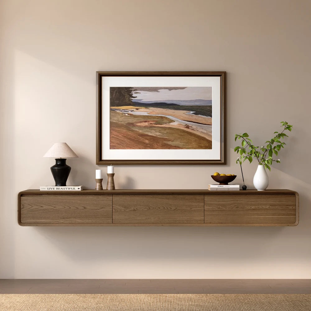 Meuble TV flottant en bois Mid Century en noyer avec 3 tiroirs pour téléviseurs jusqu'à 2159 mm