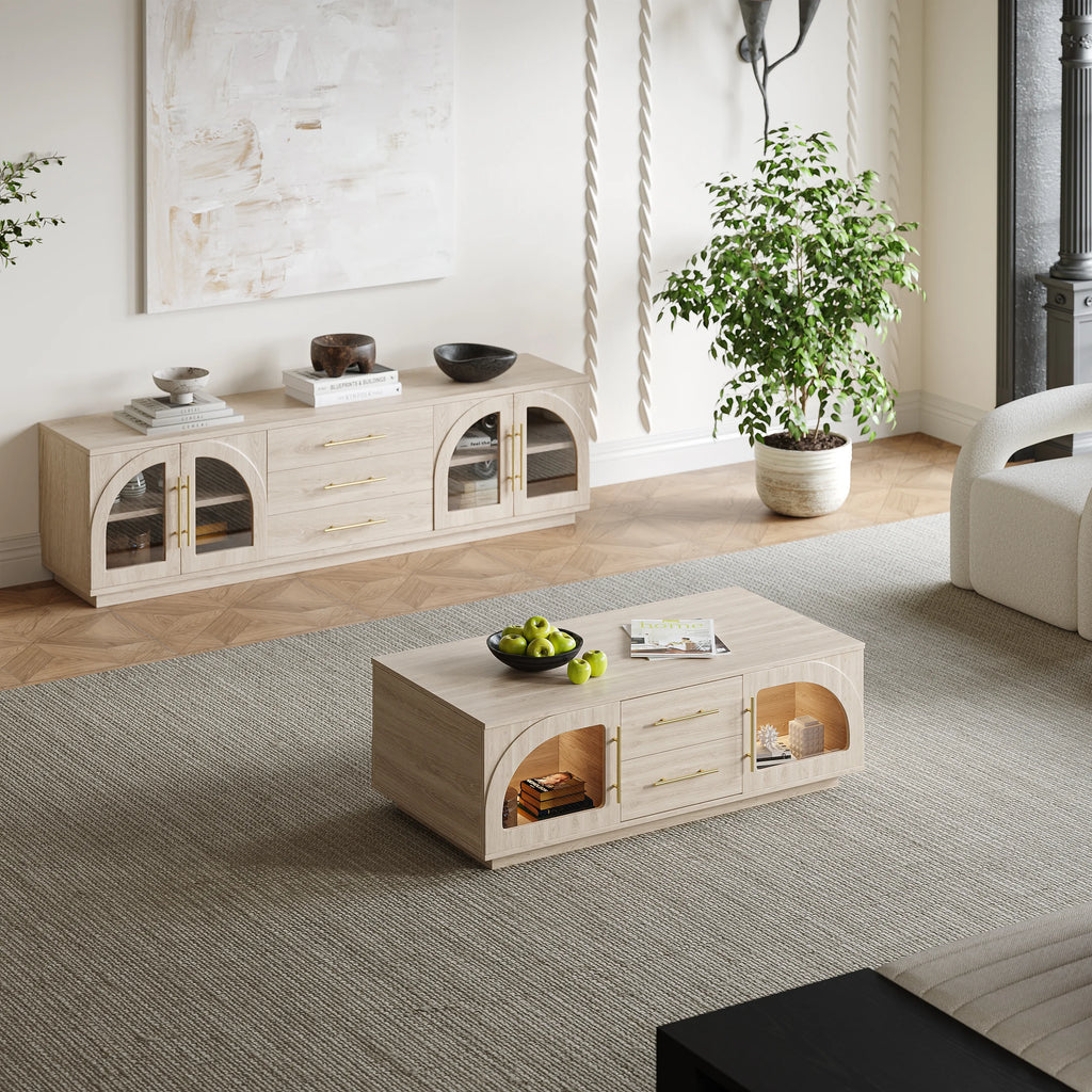 Ensemble meuble TV et table basse Arune avec portes cintrées en verre rangement et éclairage LED Blanc