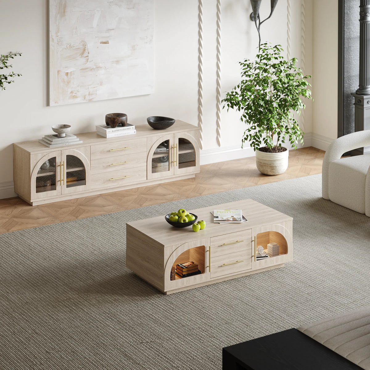 Ensemble meuble TV et table basse Arune avec portes cintrées en verre rangement et éclairage LED Blanc