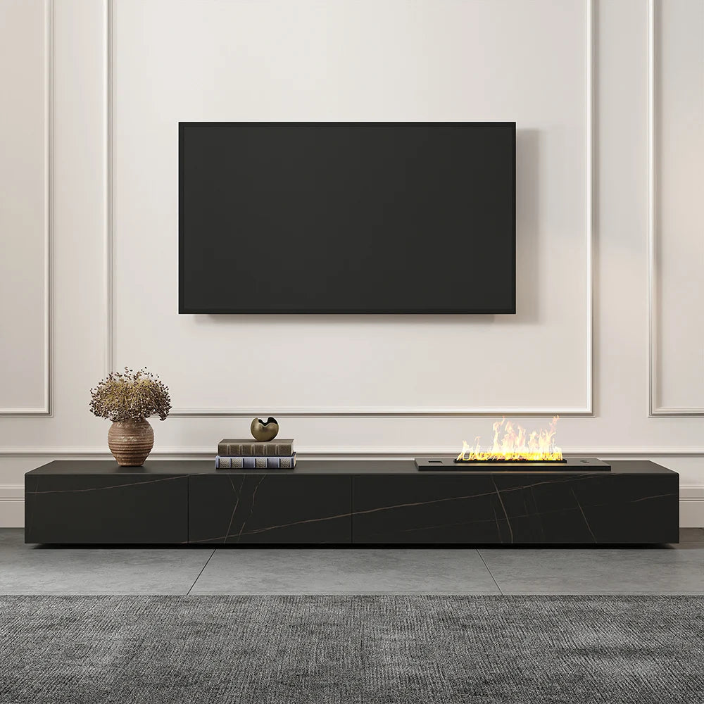 Meuble TV moderne 200 cm , effet flammes LED, humidificateur et 2 tiroirs Noir mat