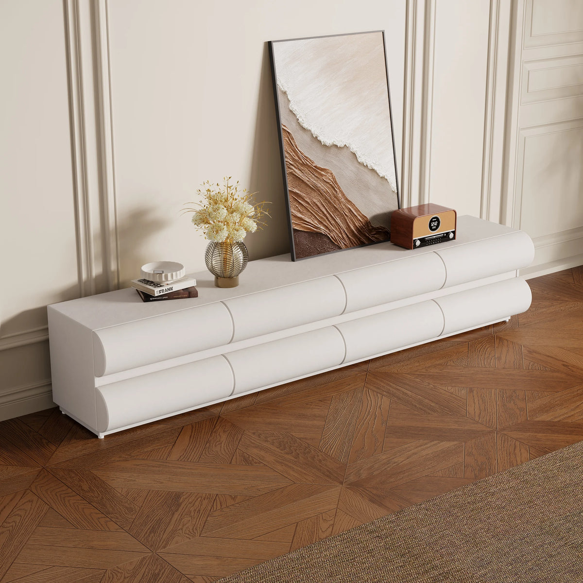 Meuble TV Humply en cuir blanc chaud moderne de 2000 mm avec console multimédia à 8 tiroirs