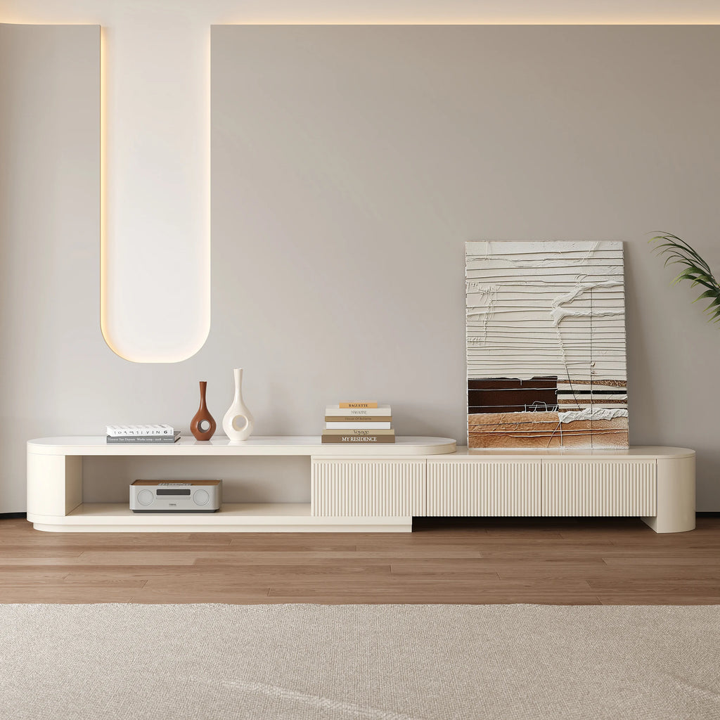 Meuble TV extensible Velar 180 à 290 cm à cannelures avec plateau pierre frittée et 3 tiroirs