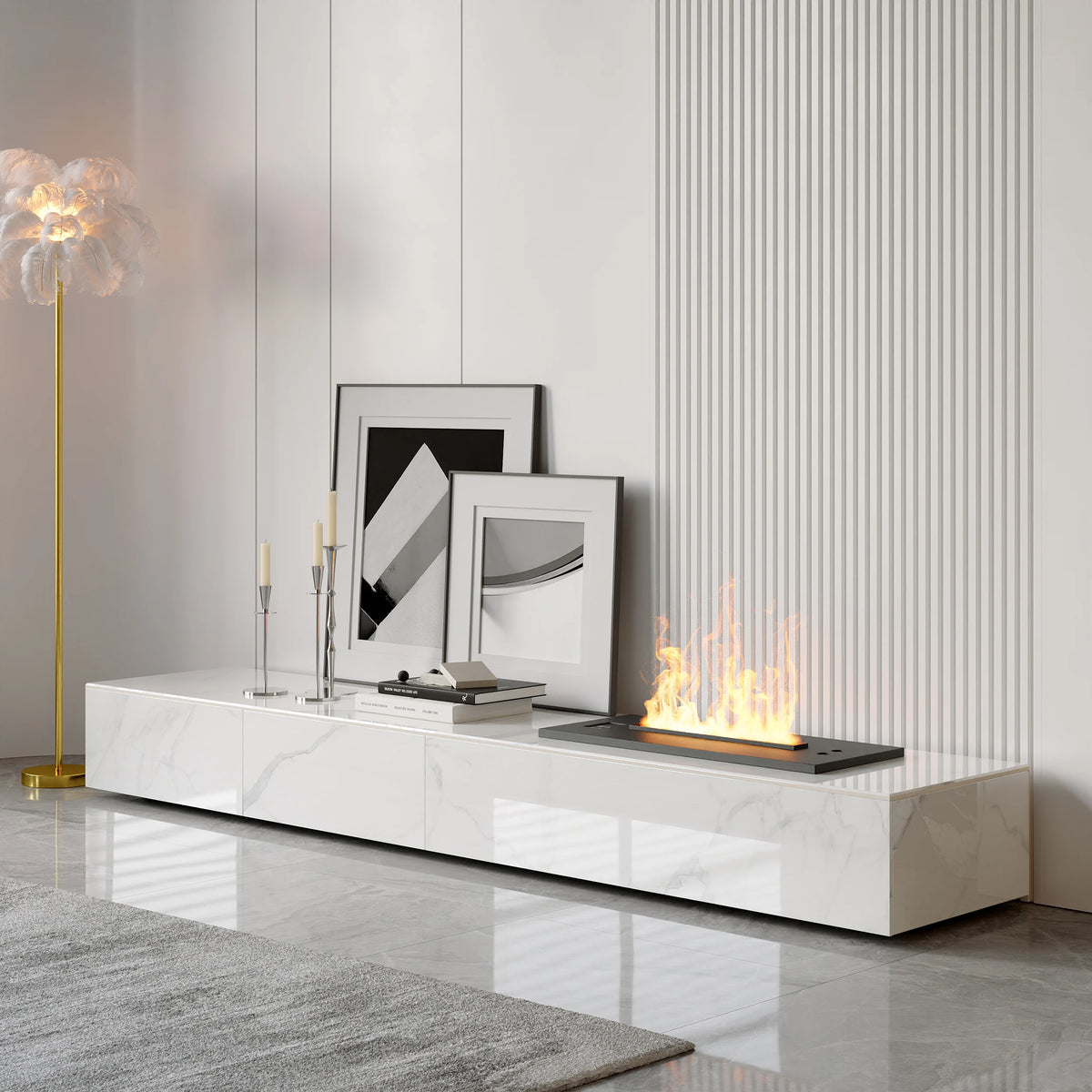 Meuble TV moderne 200 cm, effet flammes LED, humidificateur et 2 tiroirs Blanc brillant