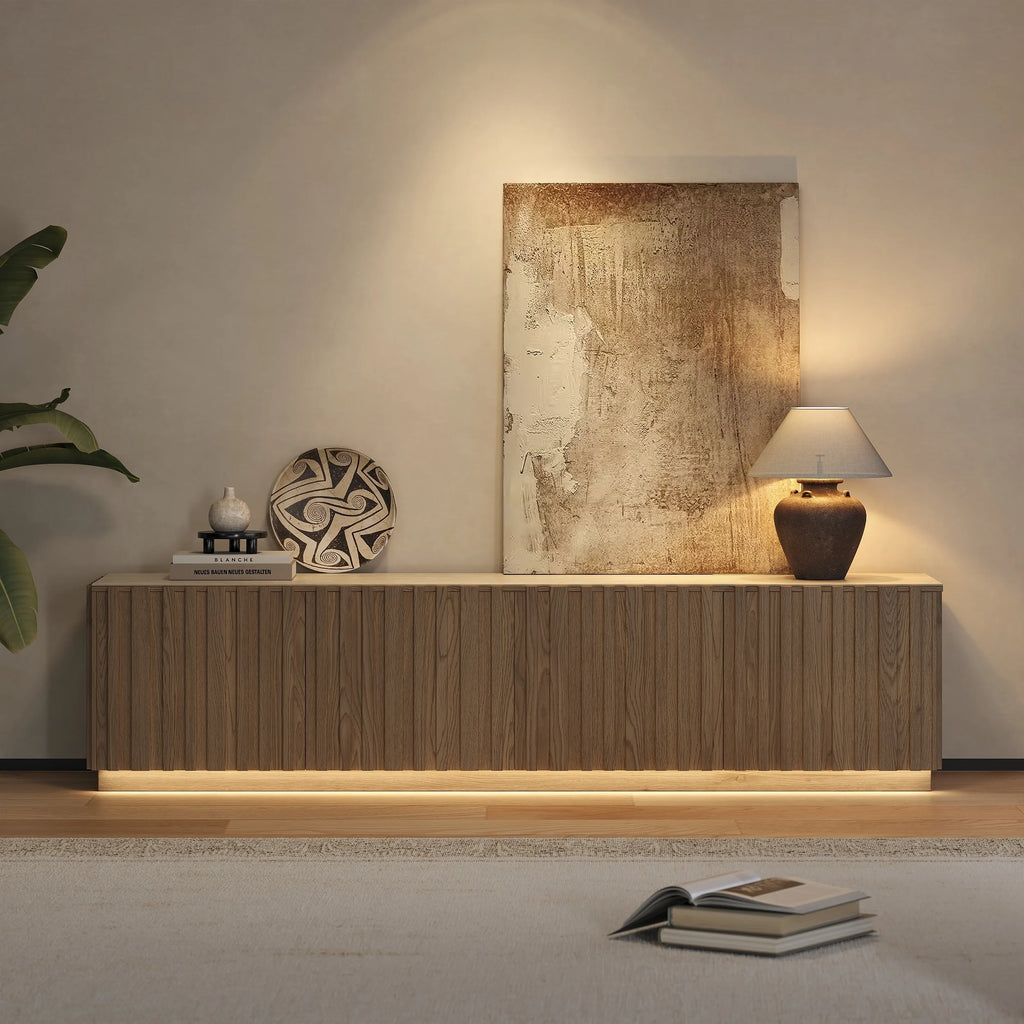 Meuble TV Aura 213 cm en bois de frêne naturelle avec plateau en pierre frittée