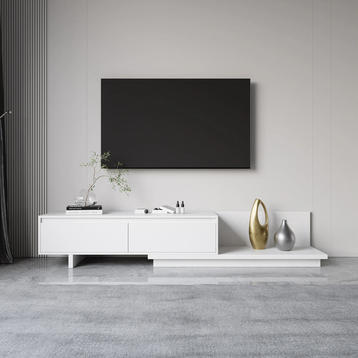 Meuble TV extensible blanc Fero avec 2 tiroirs (1200 mm-2000 mm)