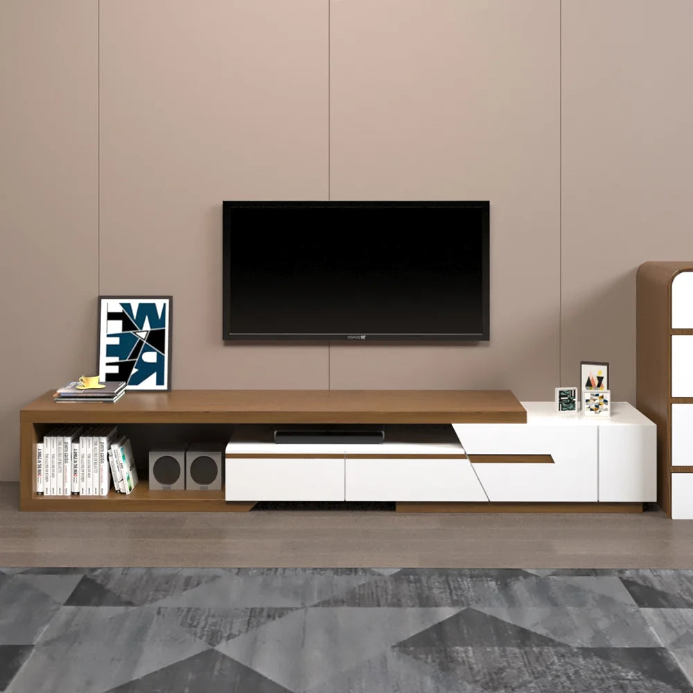Meuble TV extensible moderne blanc et noyer avec rangement, étagère et tiroir