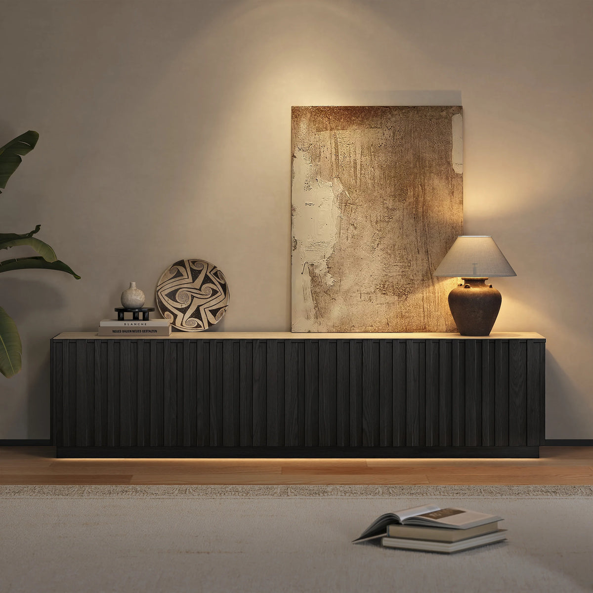Meuble TV Aura 213 cm en bois de frêne noir avec plateau en pierre frittée