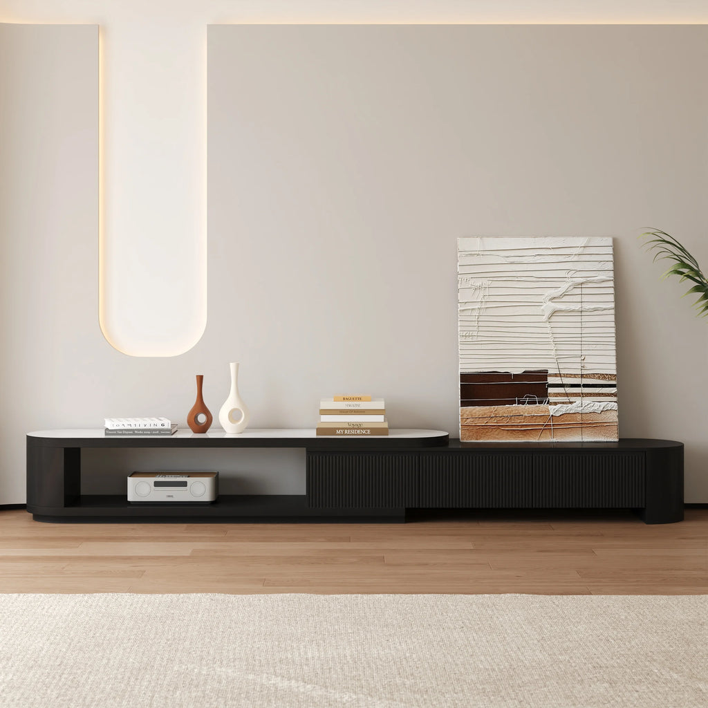 Meuble TV extensible Velar 180-290 cm à cannelures avec plateau pierre frittée et 3 tiroirs Noir mat