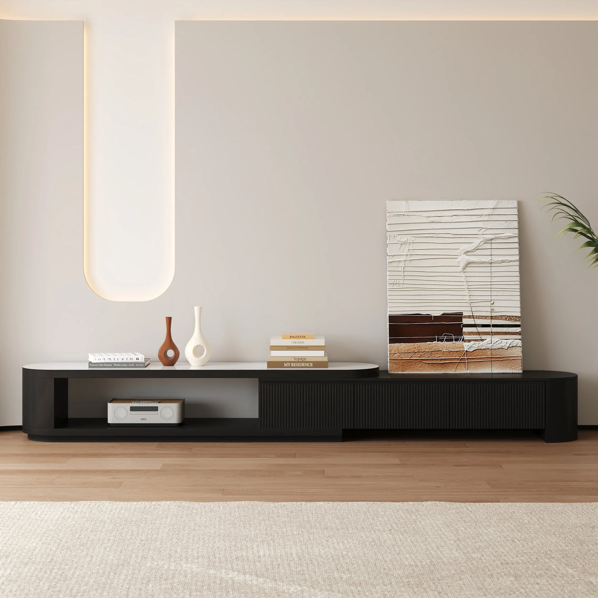 Meuble TV extensible Velar 180-290 cm à cannelures avec plateau pierre frittée et 3 tiroirs Noir mat