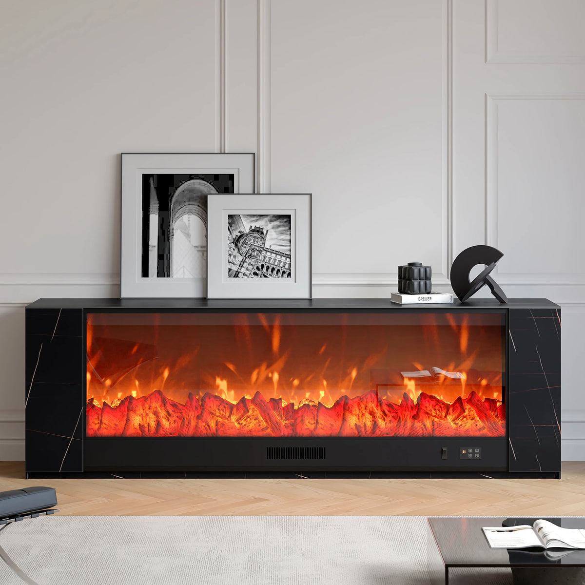 Meuble TV de cheminée électrique en pierre frittée de 1800 mm avec télécommande
