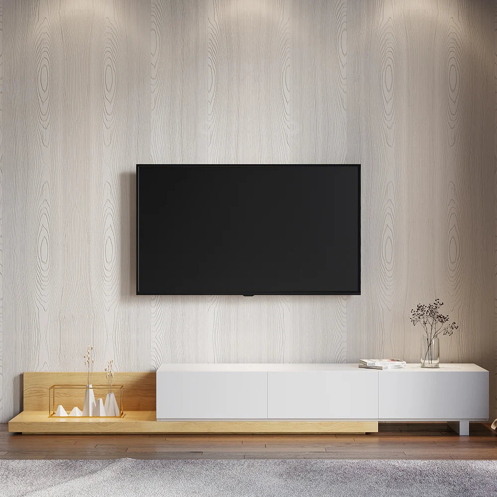 Meuble TV extensible au sol naturel avec 3 tiroirs