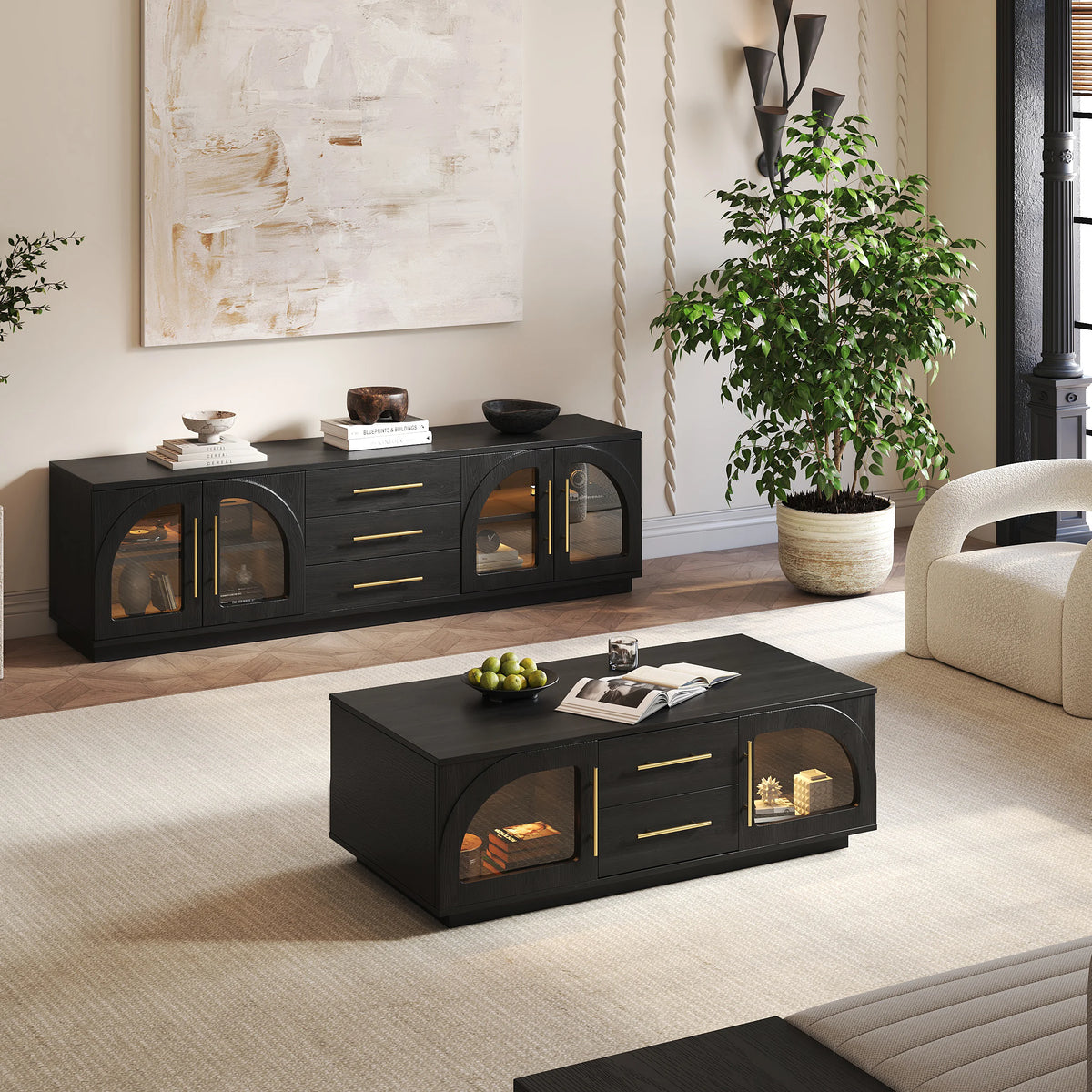 Ensemble meuble TV et table basse Arune avec portes cintrées en verre rangement et éclairage LED Noir