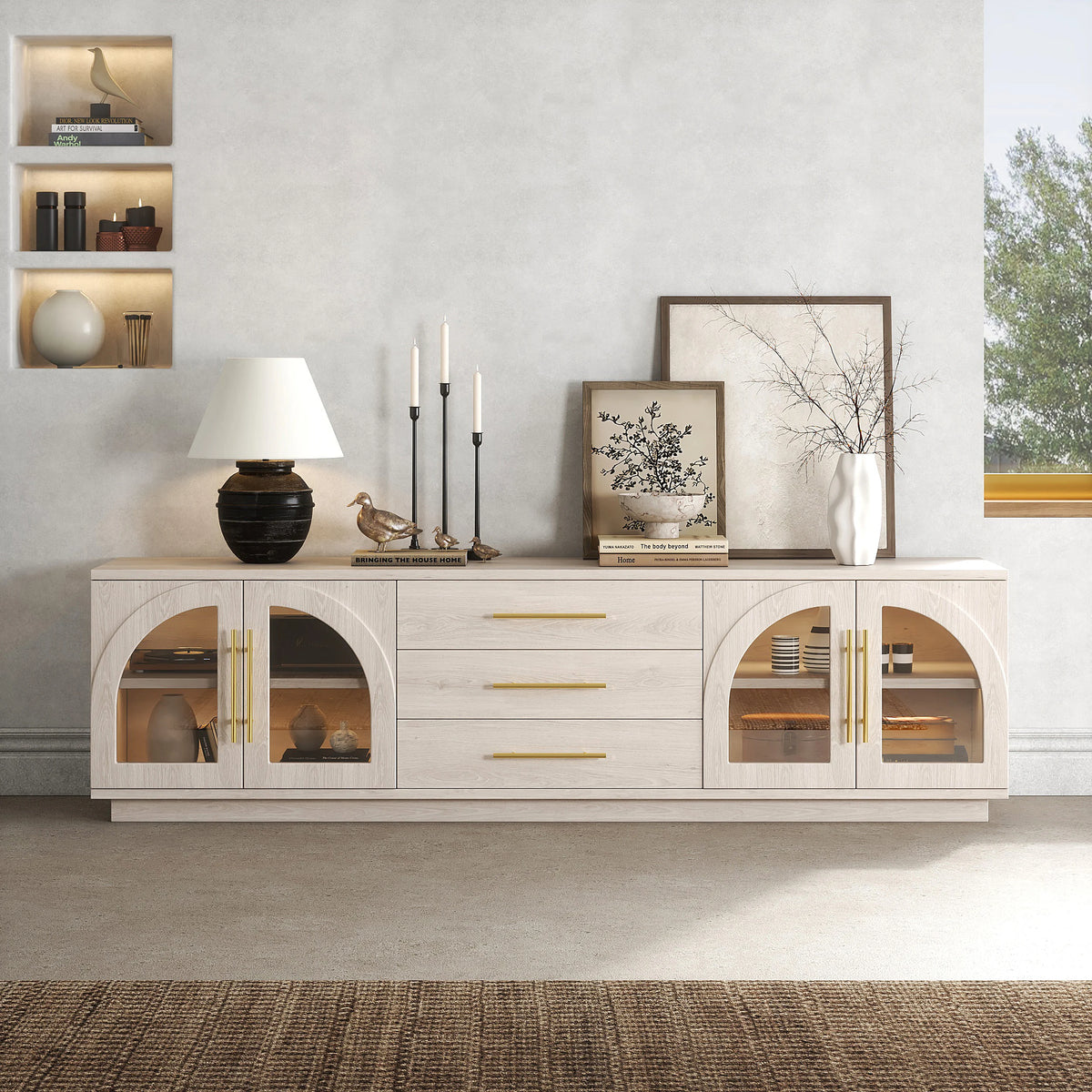 Ensemble meuble TV et table basse Arune avec portes cintrées en verre rangement et éclairage LED Blanc