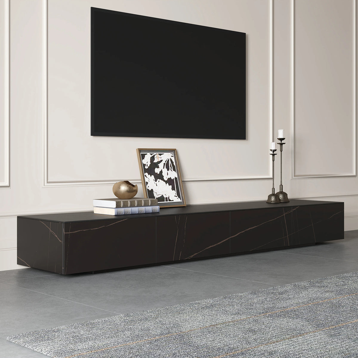 Meuble TV moderne en pierre frittée 200 cm avec 4 tiroirs Noir mat