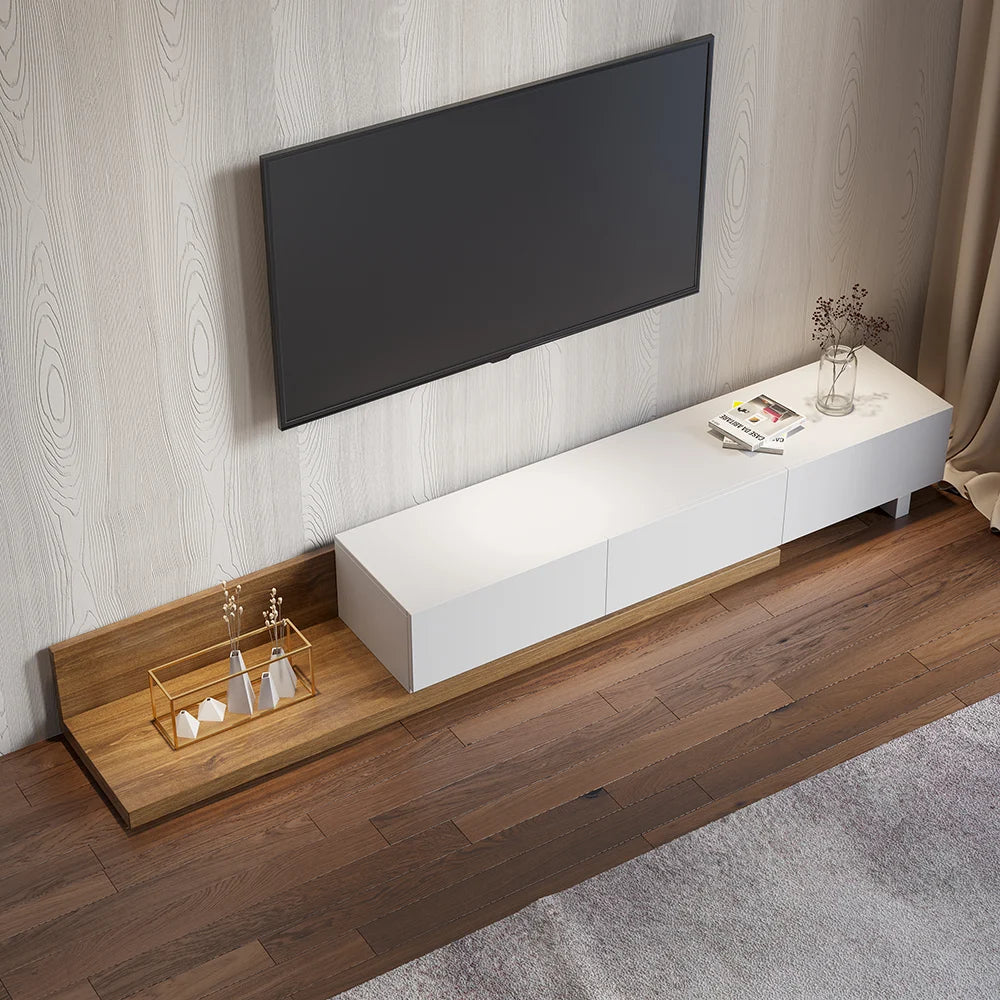 Meuble TV extensible au sol en noyer avec 3 tiroirs