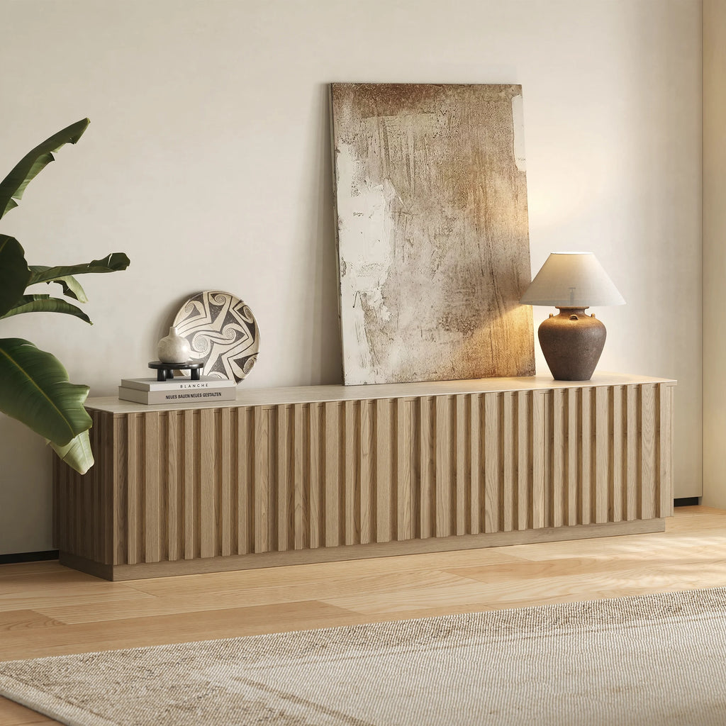 Meuble TV Aura 213 cm en bois de frêne naturelle avec plateau en pierre frittée